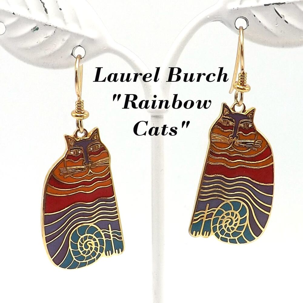 Laurel Burch "Rainbow Cats" Earrings, Multicolored Cloisonne Gold Plated Enamel